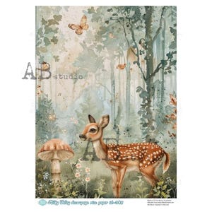 A4 ABDF 0346 Bébé biche en forêt, papier de riz pour découpage