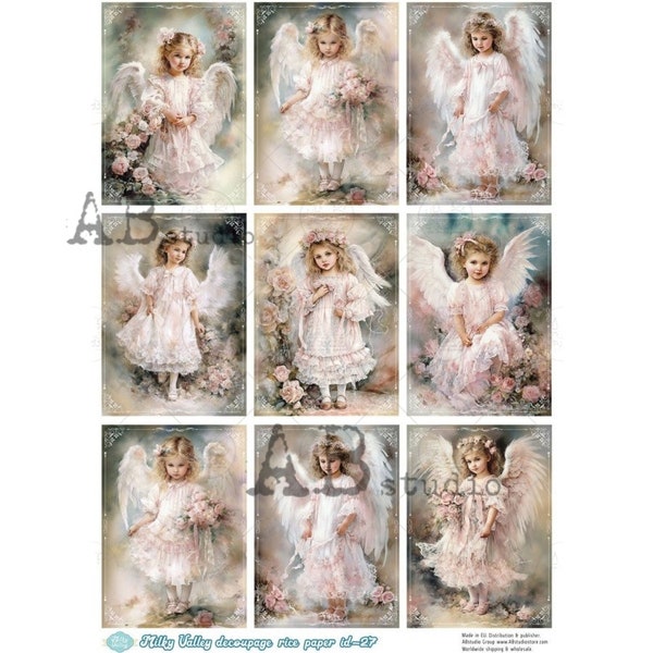 A4 DFAB 27 Pink Shabby Chic Christmas Angels x 9 Rice Paper