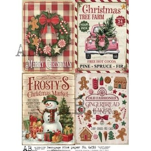 May include: A festive collage with four Christmas designs. One shows a wreath and the text "Merry Christmas." Another features a pink truck with a Christmas tree. The third depicts a snowman and the text "Frosty's Christmas Market." The last one shows gingerbread men and the text "Old Fashioned Gingerbread Bakery."