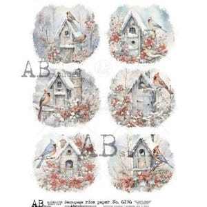A4 AB DF 6196 cercles de maison d'oiseau de Noël vintage x 6 papier de riz à découpage