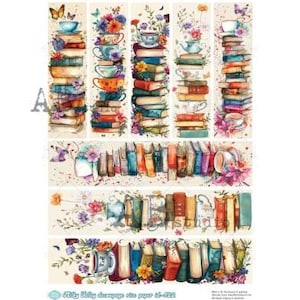 Puede incluir: Papel de arroz decorativo con ilustraciones de acuarela de libros apilados, tazas de té y flores. El diseño incluye mariposas y arreglos florales en una variedad de colores, creando un tema caprichoso y artístico.