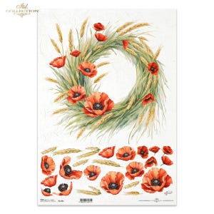 A3 ITD 1258 Belle couronne de fleurs de pavot, papier de riz pour découpage