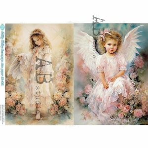 Duo d'anges de Noël rose shabby chic DFAB 32, papier de riz A4