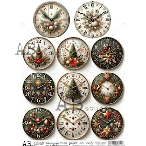 A4 ABDF 2403 Quadranti di orologi natalizi x 11 Carta di riso per decoupage