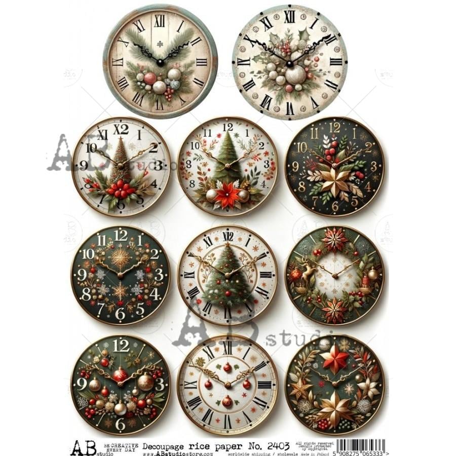 A4 ABDF 2403 Christmas Clock Faces x 11 Decoupage Rice Paper
