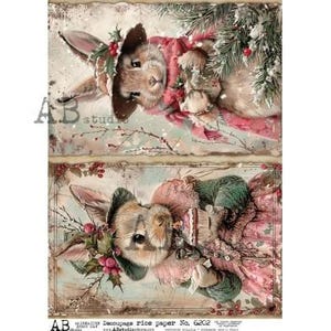 A4 ABDF 6202 Duo de lapins de Noël, papier de riz à découper