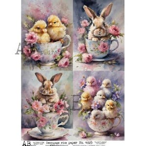 A4 ABDF 4825 Lapins de Pâques et poussins dans des tasses à thé x 4 découpage, papier de riz