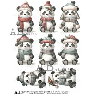 A4 AB DF 2431 Ursos Panda de Natal x 8 Papel de Arroz Decoupage