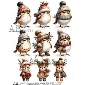 A4 ABDF 2424 Passarinhos de Natal e Veados Bebês x 9 Papel de Arroz Decoupage