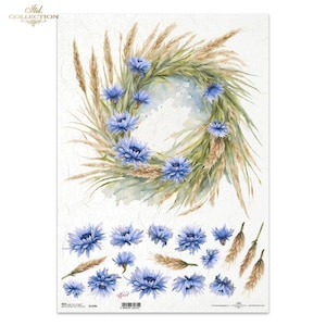 A3 ITD 1259 Bella corona di fiori blu Decoupage carta di riso