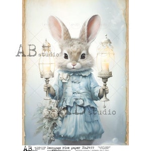 A4 AB DF 2499 Lapin de Noël bleu, papier de riz décoauge