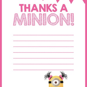 Pink Minions Thank You Card Party Birthday Printable Kids Minion Thanks a Minion Note Girl Children Despicable Me Party Custom Digital File