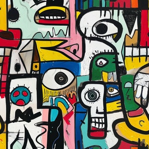 May include: Abstract painting with a colorful, whimsical style. The painting features a variety of shapes and figures, including eyes, mouths, and geometric forms. The colors are bright and bold, and the overall effect is playful and energetic.