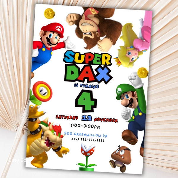 Invitación editable de Mario, Invitación de cumpleaños de Super Mario. Plantilla de Mario, invitación de fiesta de Mario, invitación de Mario Peach Donkey Kong