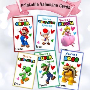 Mario Valentine Cards, Super Mario Valentine's Day Cards, Printable Mario Valentines, Princess Peach Valentines, Kids Printable Valentines