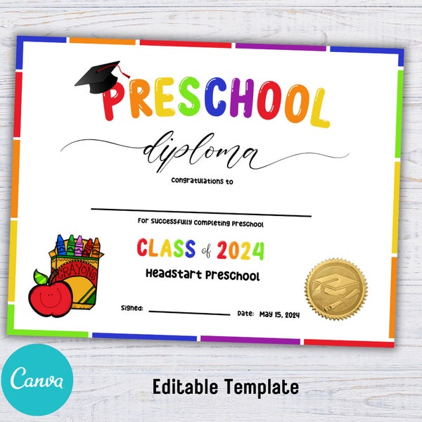 Editable Preschool Diploma, Preschool Graduation Certificate, Printable Preschool Diploma, Preschool Certificate of Achievement Award