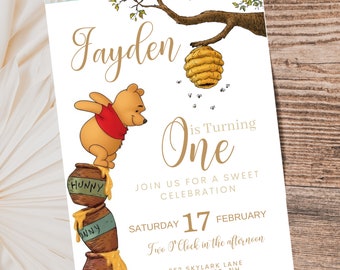 Editable Winnie the Pooh Birthday Invitation, Classic Winnie the Pooh Invitation Template, Pooh Bear Digital Invitation with Hunny Honey Pot