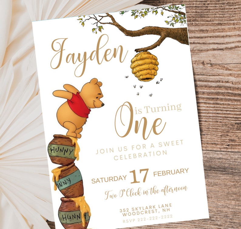 Editable Winnie the Pooh Birthday Invitation Classic Winnie the Pooh Invitation Template Pooh Bear Digital Invitation with