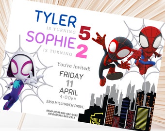 Spidey et son incroyable invitation d'anniversaire d'amis, modèle Spidey modifiable, invitation numérique double anniversaire anniversaire de super-héros de deux enfants