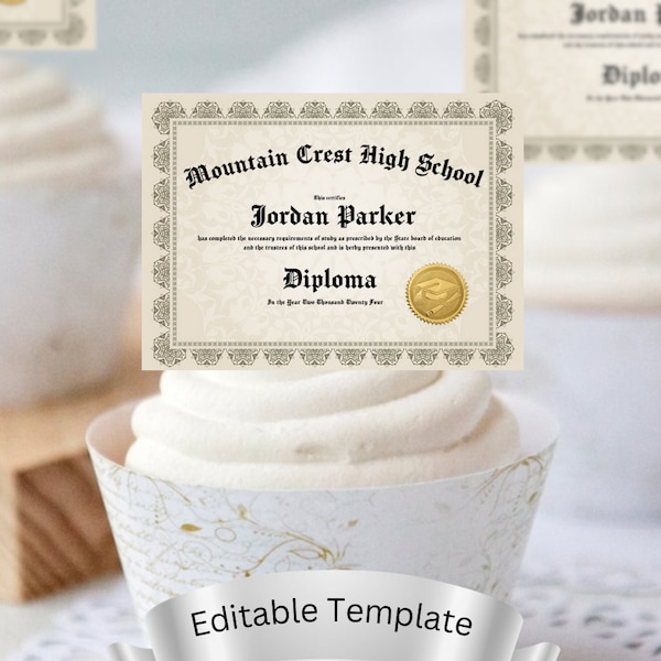 Editable Graduation Party Cupcake Topper, Diploma Cupcake Topper, Personalized Graduation Diploma for College High School Graduation Party