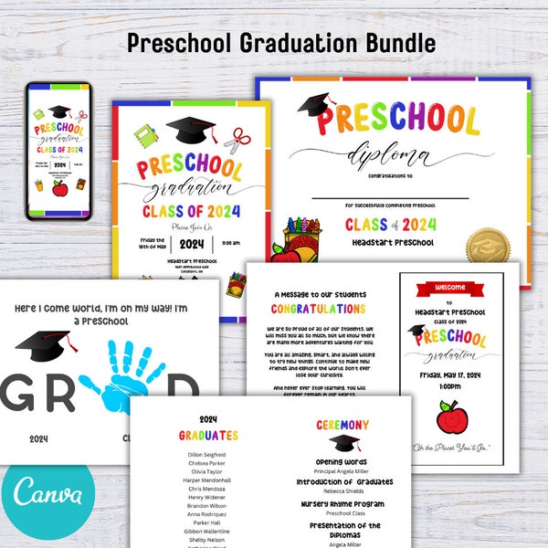 Editable Preschool Graduation Bundle, Preschool Graduation Invitation, Preschool Diploma, Printable Preschool Handprint Sign