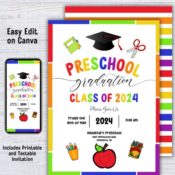 Editable Preschool Graduation Invitation, Printable or Textable Preschool Graduation Invitation, Preschool Graduation Evite
