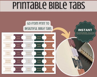 May include: Printable Bible tabs with a variety of colors and book titles, including Genesis, Exodus, Leviticus, Numbers, Deuteronomy, Joshua, Judges, Ruth, 1 Samuel, 2 Samuel, 1 Kings, 2 Kings, 1 Chronicles, 2 Chronicles, Ezra, Nehemiah, Esther, Job, Psalms, Proverbs, Ecclesiastes, Song of Songs, Isaiah, Jeremiah, Lamentations, and Psalms. The image also shows a close-up of a Bible with the tabs in use.
