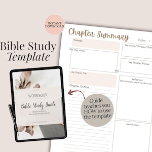 May include: A Bible study template with a workbook and chapter summary. The workbook is on a tablet with a pen. The chapter summary includes sections for passage, key verse, key words, and main lesson. The template is designed to guide users through scripture.