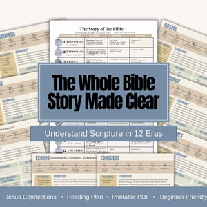 May include: A collection of educational charts titled The Whole Bible Story Made Clear, featuring a central table summarizing 12 biblical eras. The documents include timelines, key themes, and summaries printed in black, blue, and beige on white paper.