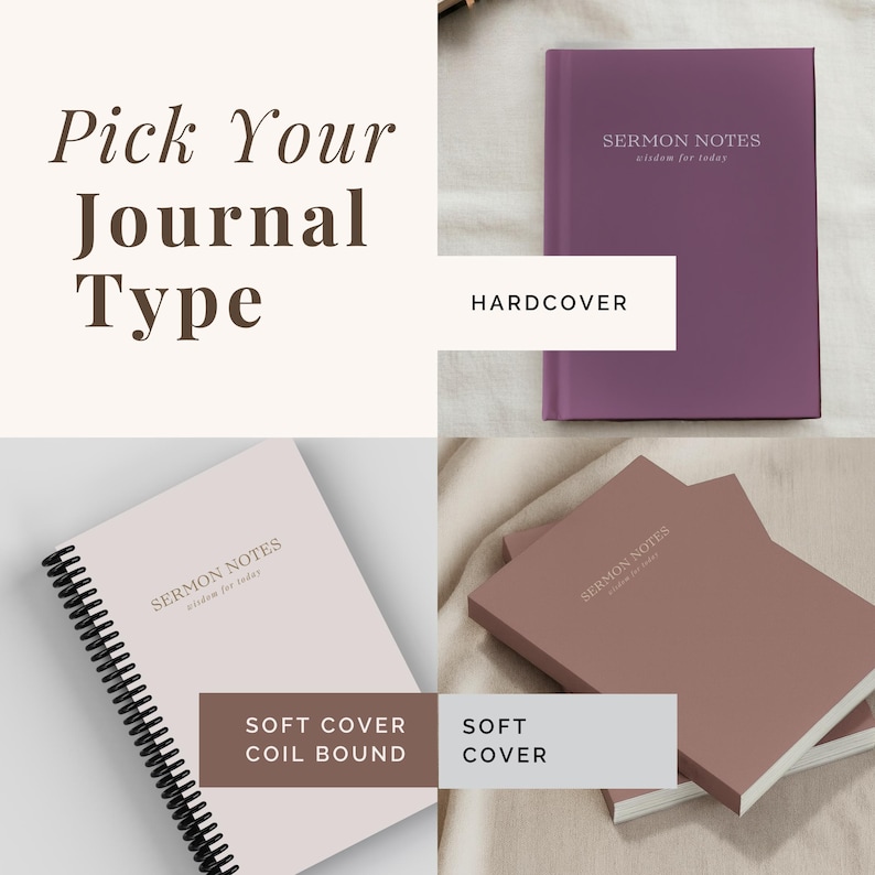 Minimalist Sermon Notes Journal styled on a desk with pen and Bible. Christian faith notebook used for sermon notes, reflection, and weekly Bible study. Perfect for church small groups, Christmas gifts, or faith-based journaling. Ideal gift for Christian women or teen girls growing in their walk with God.