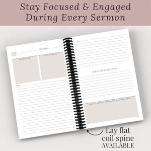 Inside pages of a Christian Sermon Notes Journal showing guided sections for Scripture, Key Points, personal reflections, and weekly application. Ideal for Sunday church, small groups, and Bible study. Helps women stay focused during sermons and revisit spiritual growth. Great Christian gift idea for holidays, Easter, or Christmas.