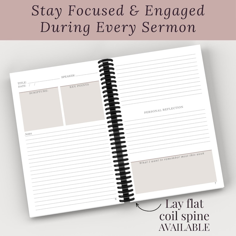 Inside pages of a Christian Sermon Notes Journal showing guided sections for Scripture, Key Points, personal reflections, and weekly application. Ideal for Sunday church, small groups, and Bible study. Helps women stay focused during sermons and revisit spiritual growth. Great Christian gift idea for holidays, Easter, or Christmas.