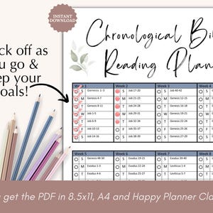 Chronological Bible in a Year Reading Plan printable PDF with a clean, minimal design. This undated Bible study and scripture guide helps you read through the Bible in the order events occurred. Perfect for daily devotion, personal study, or church resource use. Instant download reading tracker available in 8.5x11, A4, and Happy Planner Classic sizes.