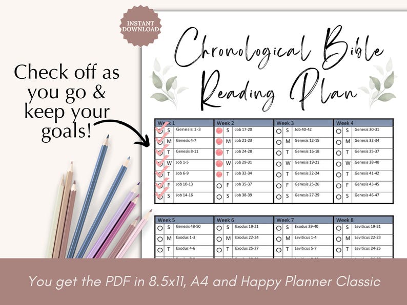 Chronological Bible in a Year Reading Plan printable PDF with a clean, minimal design. This undated Bible study and scripture guide helps you read through the Bible in the order events occurred. Perfect for daily devotion, personal study, or church resource use. Instant download reading tracker available in 8.5x11, A4, and Happy Planner Classic sizes.