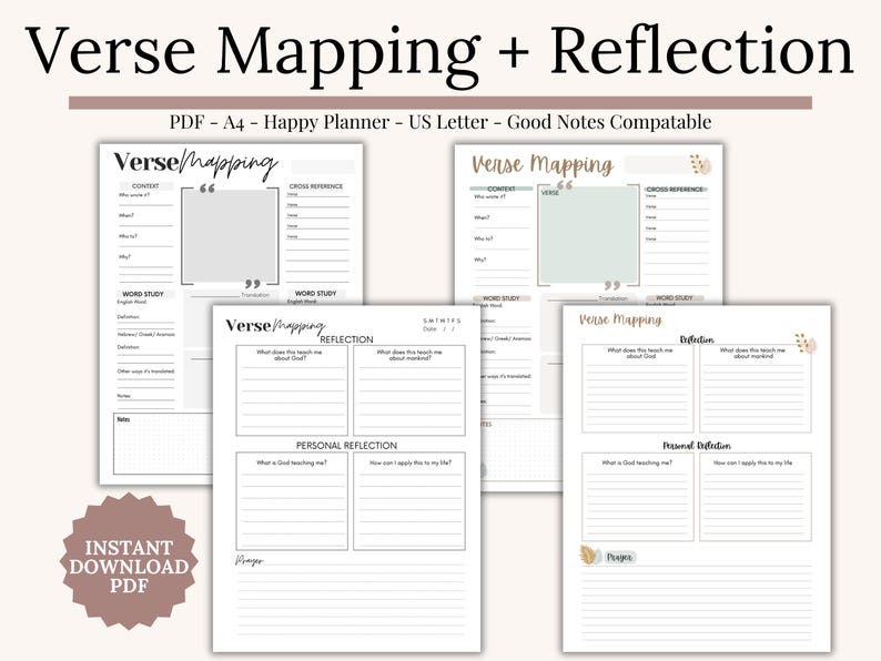 Bible Study Template Printable PDF for beginners and seasoned readers. Includes SOAP Bible Study Template, Verse Mapping, Thematic Bible Study, Topical Bible Study, Character Study, and Chapter Summary. A devotional guide and printable Christian resource for women and teens. Perfect faith gift idea, daily devotional notes, or scripture journal. Works with Goodnotes, Notability, and instant download.