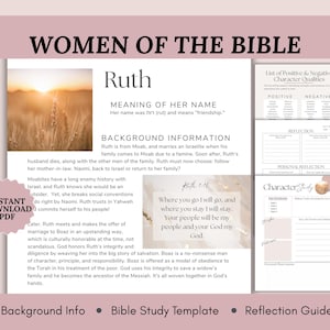 May include: A digital study guide titled Women of the Bible featuring a page about Ruth with text, a wheat field photograph, and a Bible verse. Includes additional pages for character qualities, reflection, and a study template in PDF format.