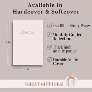Guided Bible Study Journal shown with front and back cover details plus a feature table highlighting study prompts, 120 study pages, and monthly reflections. A Christian Bible study notebook for women who want structure and clarity in their quiet time. Ideal for Bible study groups, church ministry, and Christian gift giving.