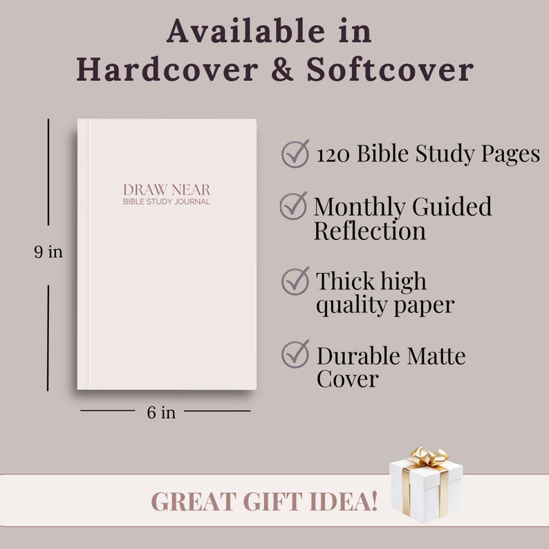 Guided Bible Study Journal shown with front and back cover details plus a feature table highlighting study prompts, 120 study pages, and monthly reflections. A Christian Bible study notebook for women who want structure and clarity in their quiet time. Ideal for Bible study groups, church ministry, and Christian gift giving.