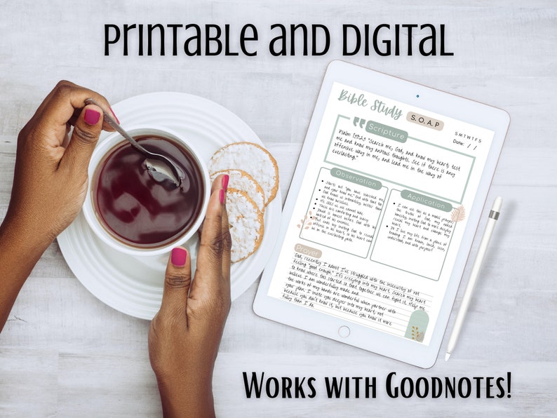 Bible Study Template Printable PDF for beginners and seasoned readers. Includes SOAP Bible Study Template, Verse Mapping, Thematic Bible Study, Topical Bible Study, Character Study, and Chapter Summary. A devotional guide and printable Christian resource for women and teens. Perfect faith gift idea, daily devotional notes, or scripture journal. Works with Goodnotes, Notability, and instant download.