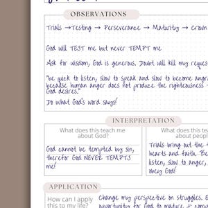 Minimalist digital Bible study template showing a clean printable journal page with sections for Scripture, observations, interpretation, application, and prayer. Designed for an inductive Bible study approach, this simple worksheet helps Christian women take thoughtful Scripture notes and study the Bible with clarity and focus.