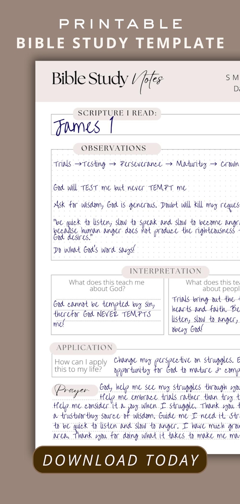 Minimalist digital Bible study template showing a clean printable journal page with sections for Scripture, observations, interpretation, application, and prayer. Designed for an inductive Bible study approach, this simple worksheet helps Christian women take thoughtful Scripture notes and study the Bible with clarity and focus.