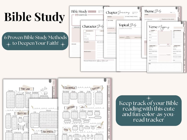 Hyperlinked Christian planner and digital faith journal for women. Printable or tablet ready GoodNotes Notability. Features Bible study methods SOAP verse mapping character study chapter summary topical thematic plus gratitude journal prayer requests answered prayers and sermon note pages. Instant download.