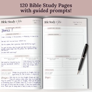 Interior study page layout from the Guided Bible Study Journal with scripture prompts for key themes, observations, application, and prayer. A minimalist Christian faith journal designed for women to record Bible study notes, devotional insights, and quiet time reflections. Great for personal use or small group Bible study.