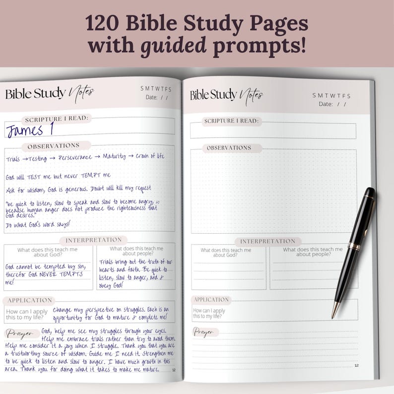 Interior study page layout from the Guided Bible Study Journal with scripture prompts for key themes, observations, application, and prayer. A minimalist Christian faith journal designed for women to record Bible study notes, devotional insights, and quiet time reflections. Great for personal use or small group Bible study.