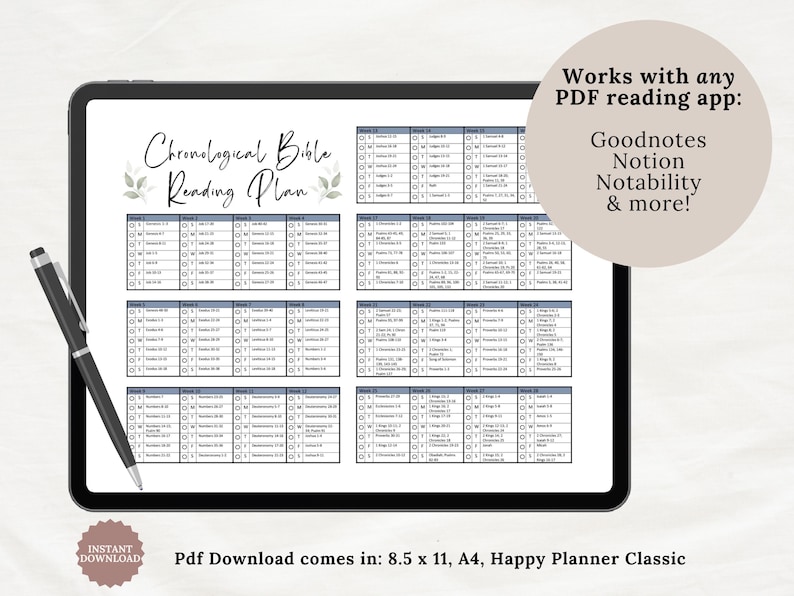 Digital Chronological Bible in a Year Reading Plan for printable or tablet use. Features weekly readings from Genesis to Revelation in chronological order. A helpful Bible reading tracker and scripture guide to deepen your understanding of God’s story. Ideal for Bible study, devotions, and Christian journaling.