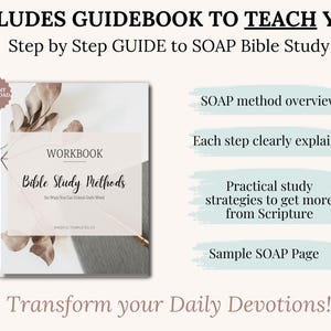 Beginner Bible Study Workbook Templates in PDF format. Includes SOAP Bible Study Template, Verse Mapping, Thematic, Topical, Character Study, and Bible Chapter Summary. Great for women and teens as a Christian gift idea, devotional guide, or faith planner insert. Use for daily devotional notes, journaling, and scripture application. Printable Christian resource works with Goodnotes, Notability, and instant download.