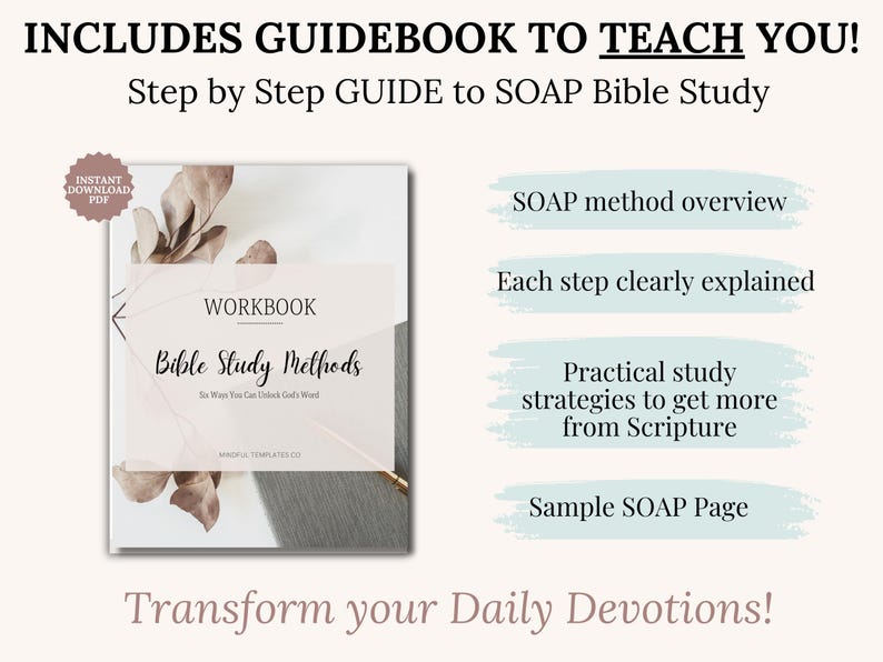 Beginner Bible Study Workbook Templates in PDF format. Includes SOAP Bible Study Template, Verse Mapping, Thematic, Topical, Character Study, and Bible Chapter Summary. Great for women and teens as a Christian gift idea, devotional guide, or faith planner insert. Use for daily devotional notes, journaling, and scripture application. Printable Christian resource works with Goodnotes, Notability, and instant download.