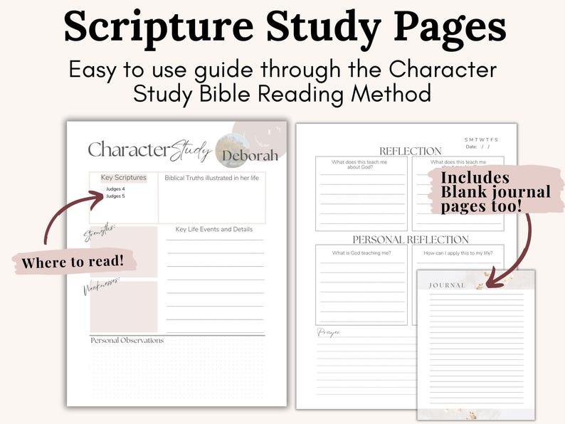 Christian Women of the Bible Study Workbook featuring 65 pages of printable devotionals, journaling pages, and Scripture study guides. Women of Courage theme includes a reflection journal and planner-style templates. Perfect as a Bible Study for women PDF download, small group workbook, or printable devotional resource for Christian women and teens.