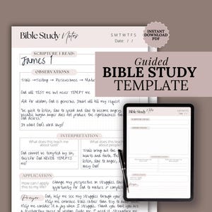 Peut inclure: Un modèle d'étude biblique guidée avec le texte « Guided Bible Study Template » dans une police moderne. Le modèle comprend des sections pour l'Écriture, les observations, l'interprétation, l'application et la prière. Une tablette affiche le modèle.