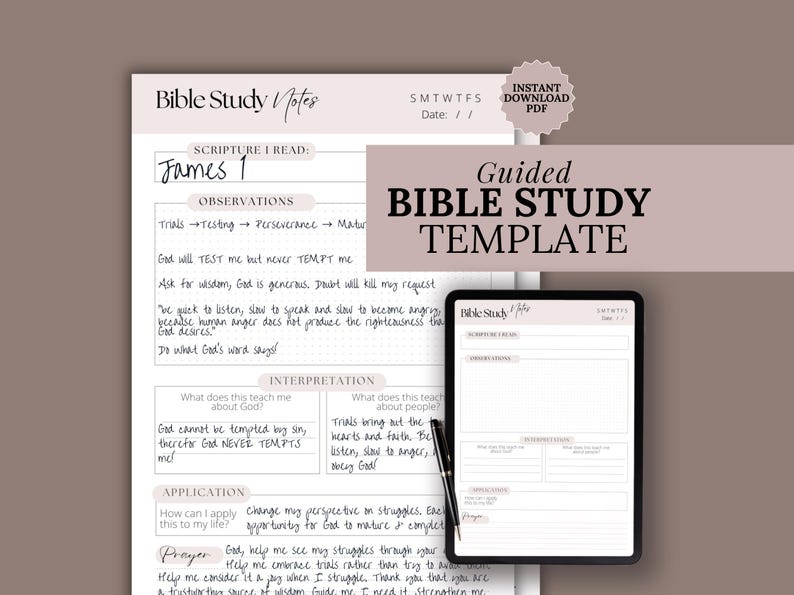 Minimalist digital Bible study template showing a clean printable journal page with sections for Scripture, observations, interpretation, application, and prayer. Designed for an inductive Bible study approach, this simple worksheet helps Christian women take thoughtful Scripture notes and study the Bible with clarity and focus.